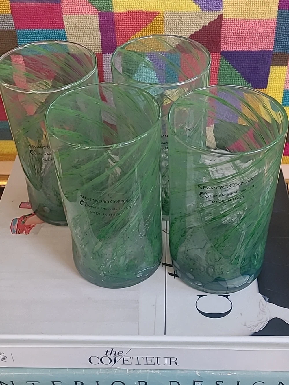 MURANO HANDBLOWN GLASS GREEN SWIRL HIGHBALL CUPS SET OF 4